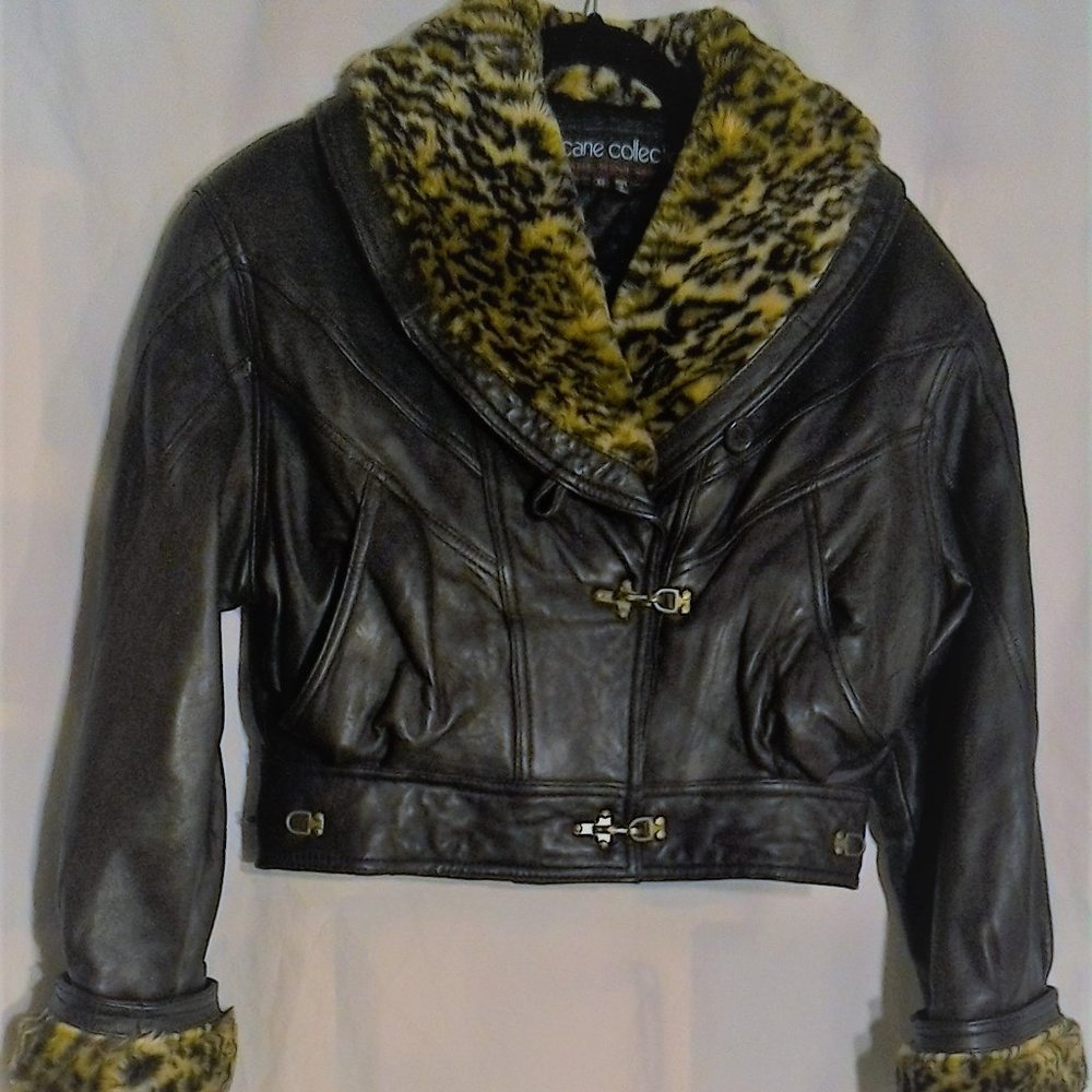 Women's Black Leather Jacket, Leopard Collar  XS